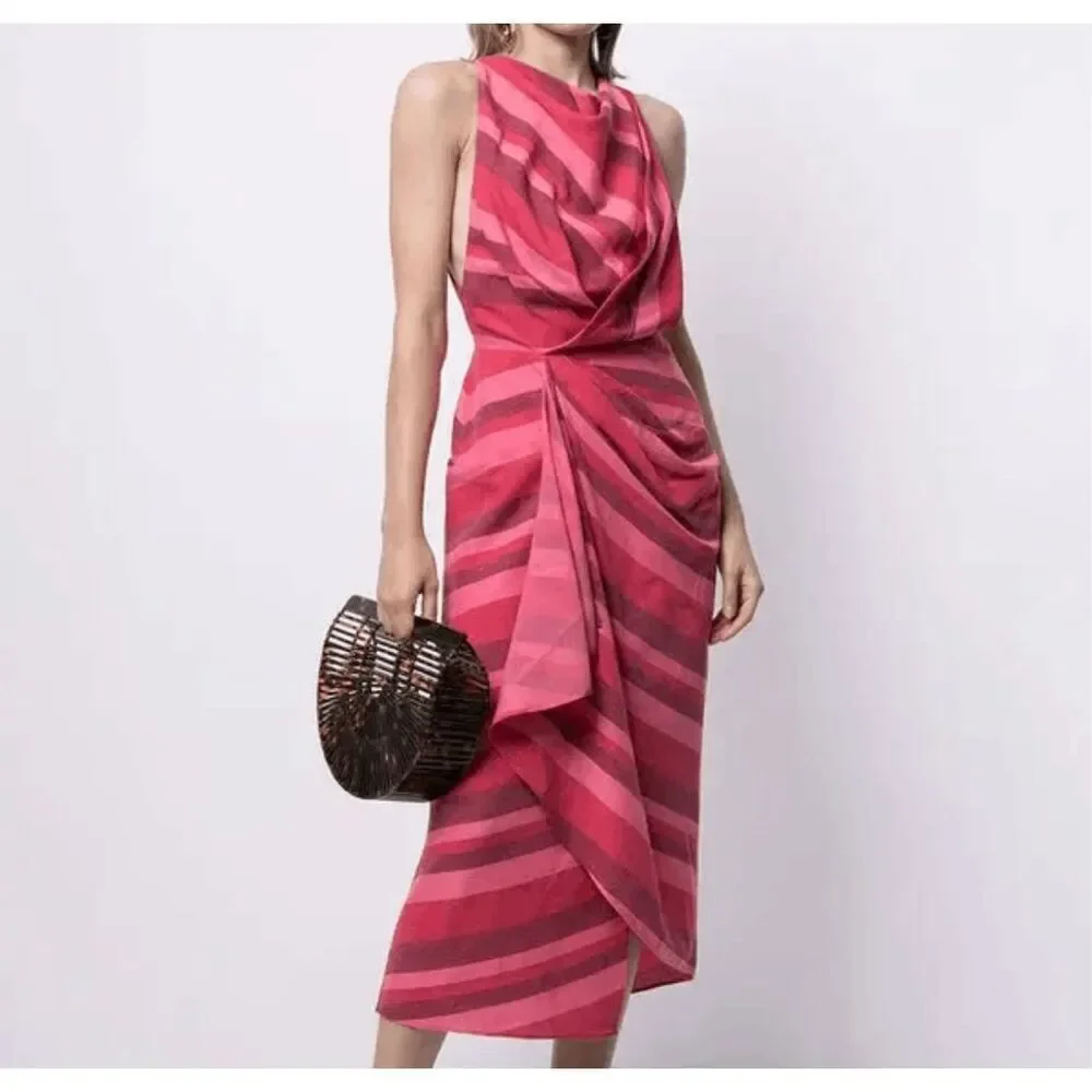 Acler Pink Striped Faver Sleeveless Asymmetrical Midi Dress Women's Size US 2